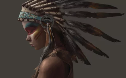 An artistic depiction of a Native American figure, adorned with a feather headdress, captured in vibrant detail for a stunning 4K Ultra HD desktop wallpaper.