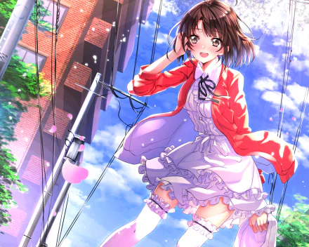 HD anime desktop wallpaper featuring a lively girl in a red cardigan and white dress from Saekano: How to Raise a Boring Girlfriend against a bright blue sky and urban backdrop.