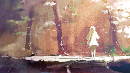 HD anime wallpaper featuring an original artwork of a cloaked figure walking in a tranquil, dreamy forest setting with warm lighting and soft-focus details.