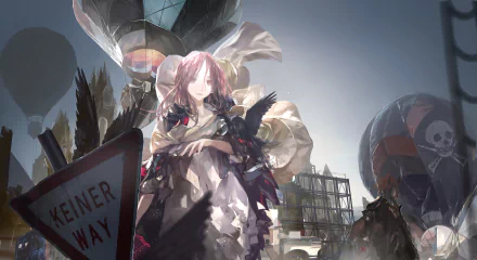 HD anime-style original artwork featuring a girl with pink hair surrounded by hot air balloons and urban structures, designed as a PC desktop wallpaper background.
