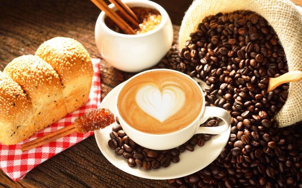 Food Coffee Cup Bread Coffee Beans HD Wallpaper | Background Image