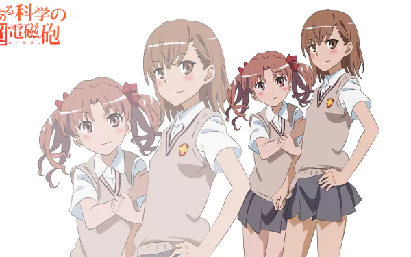 Anime 5K Ultra HD PC desktop wallpaper: A Certain Scientific Railgun — four poses of Misaka Mikoto in school uniform on a clean, pale background.