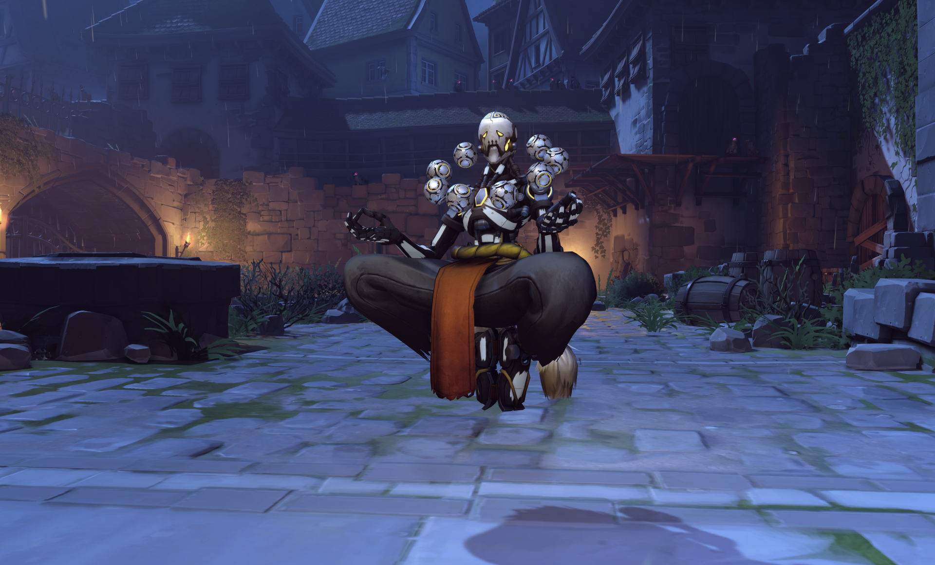 Zenyatta (Overwatch) in a Halloween skin levitates in a moonlit castle courtyard — 5K Ultra HD PC desktop wallpaper, Halloween gaming.