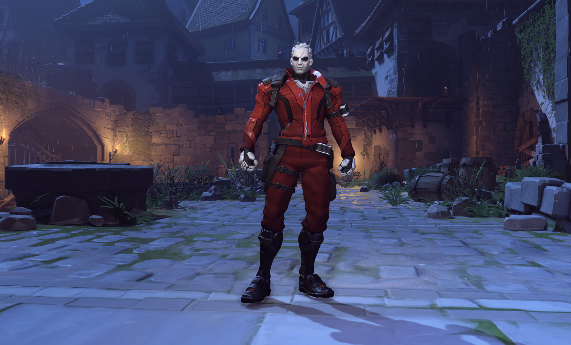 Soldier: 76 in a skull mask and red suit stands in a moonlit courtyard — Overwatch Halloween gaming 5K Ultra HD PC desktop wallpaper.