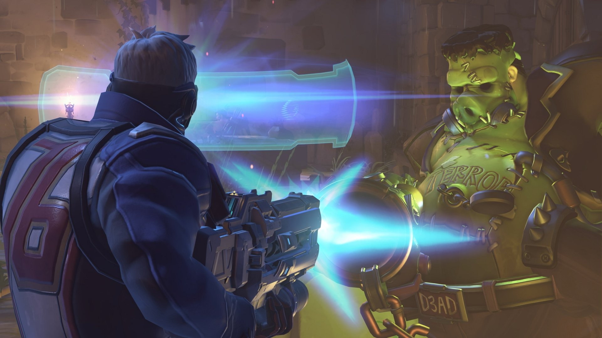 Roadhog and Soldier: 76 clash in a spooky Halloween Overwatch scene — neon blue gunfire and pumpkin-themed armor. 4K Ultra HD PC desktop wallpaper, Halloween gaming artwork.