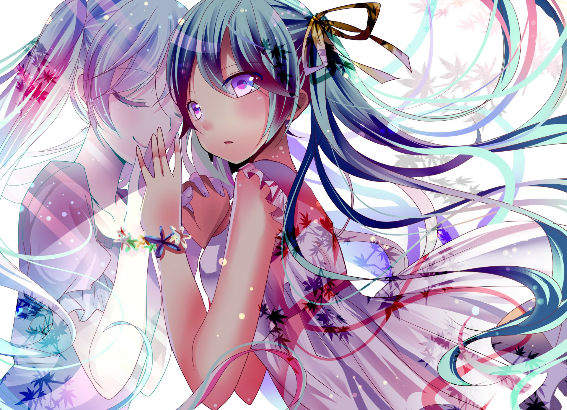 Hatsune Miku, a vibrant anime Vocaloid character, features in this HD desktop wallpaper, showcasing colorful artwork with intricate details and ethereal themes.
