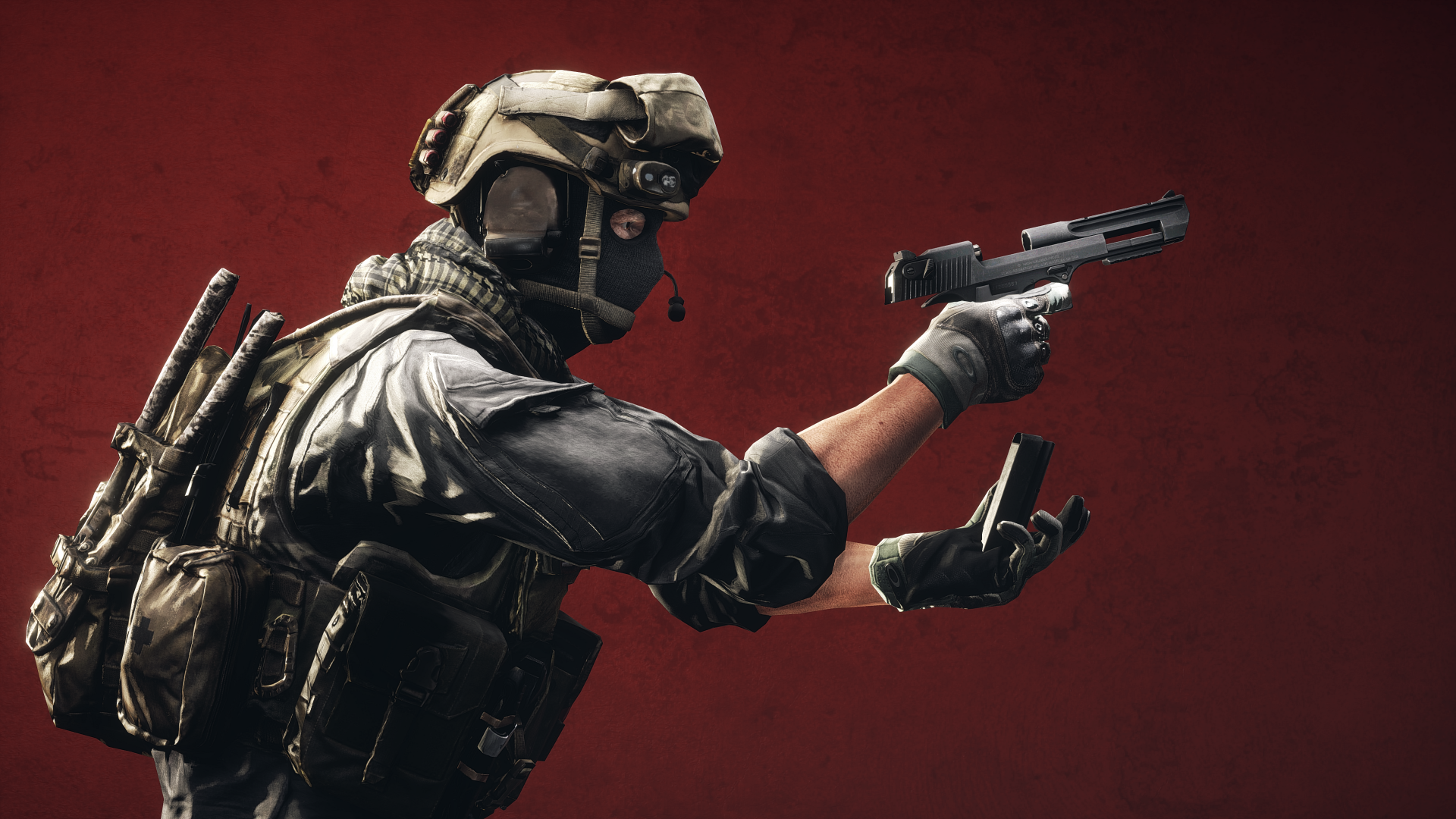 Battlefield 4 video game soldier in tactical gear aims a pistol against a deep red backdrop — 5K Ultra HD PC desktop wallpaper/background.