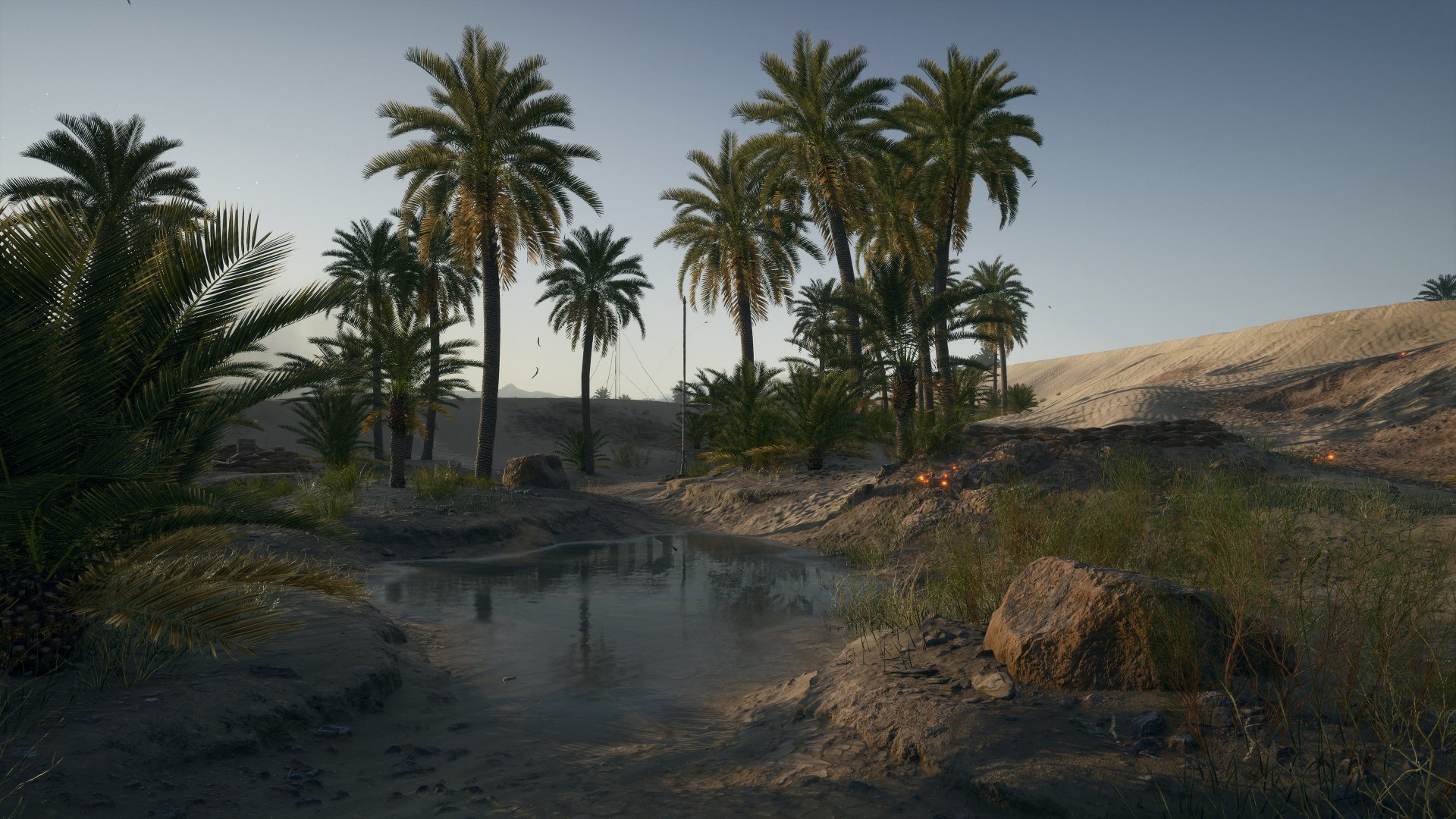 A stunning 4K Ultra HD wallpaper featuring a tranquil landscape from Battlefield 1, showcasing palm trees, a serene water body, and a desert backdrop.