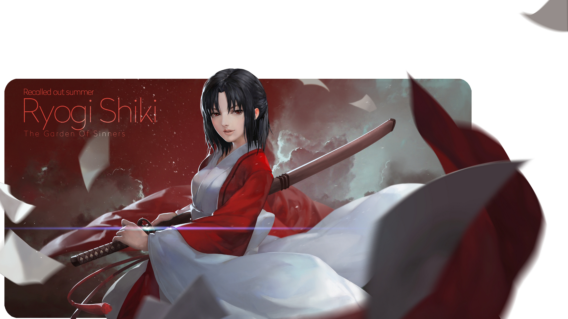 HD PC desktop wallpaper of Shiki Ryougi (The Garden of Sinners), wearing a red-and-white kimono with dark hair and dual blades drawn, posed against a misty, crimson-tinged background.