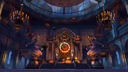 A mystical Halloween scene featuring a grand chandelier, glowing jack-o'-lanterns, and an ornate altar, highlighted by witches in a dimly lit, atmospheric setting.