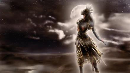 Valkyrie Profile video game HD PC desktop wallpaper: a Valkyrie in a feathered helmet and flowing armor stands on a misty shoreline beneath a full moon.