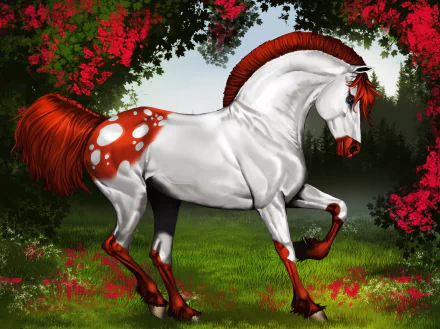 A fantasy-themed HD PC desktop wallpaper featuring a majestic white horse with red mane and tail, adorned with red and white spotted markings, standing in a vibrant forest clearing.
