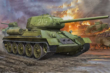 A detailed HD wallpaper featuring a T-34 tank in a dynamic military setting, showcasing its iconic design against a backdrop of explosive action and rugged terrain.