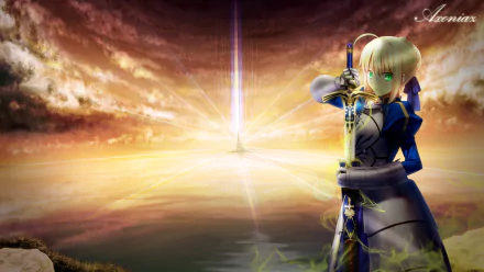 A captivating HD wallpaper featuring Saber from the Fate Series, showcasing her with a sword against a stunning sunset backdrop, embodying strength and valor from Fate/Stay Night.