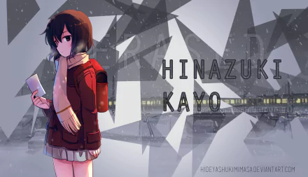 A stylized HD wallpaper featuring Kayo Hinazuki from the anime Erased, depicted in a winter setting with geometric patterns in the background.