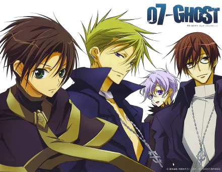 Anime 07 Ghost HD PC desktop wallpaper background showing four characters—three serious young men and a purple-haired figure against white.