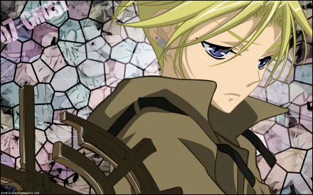 Blond-haired anime character from 07 Ghost with a serious expression against a mosaic-stone background — HD PC desktop wallpaper.