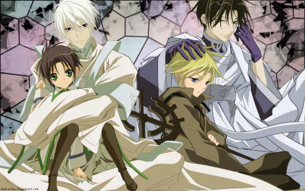 HD PC desktop wallpaper featuring four characters from the anime 07 Ghost, set against a cracked, abstract background with soft, muted colors.