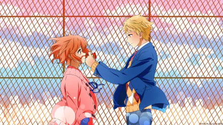 HD anime desktop wallpaper from Beyond the Boundary featuring two characters sharing a tender moment against a chain-link fence with a soft, colorful sky backdrop.