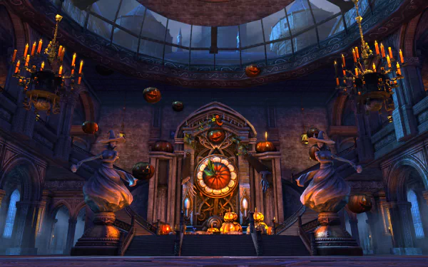 A mystical Halloween scene featuring a grand chandelier, glowing jack-o'-lanterns, and an ornate altar, highlighted by witches in a dimly lit, atmospheric setting.