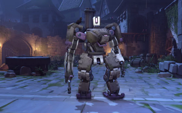 Bastion (Overwatch) in a moonlit Halloween village, spooky lanterns and cobblestone ruins — 5K Ultra HD PC desktop wallpaper for Halloween gaming.