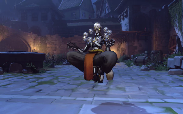 Zenyatta (Overwatch) in a Halloween skin levitates in a moonlit castle courtyard — 5K Ultra HD PC desktop wallpaper, Halloween gaming.