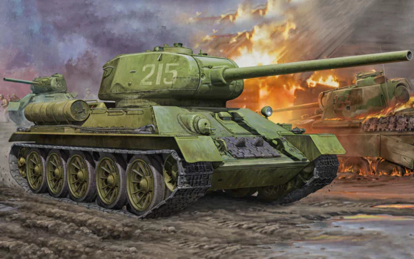 A detailed HD wallpaper featuring a T-34 tank in a dynamic military setting, showcasing its iconic design against a backdrop of explosive action and rugged terrain.