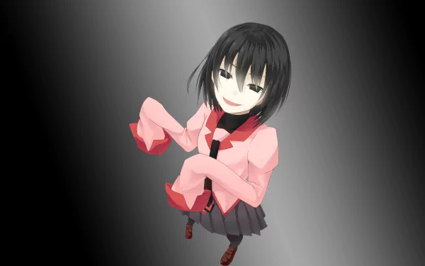 Ougi Oshino from Owarimonogatari in a 4K Ultra HD anime wallpaper, showcasing her in a pink jacket and dark skirt against a gradient gray background.