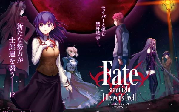 HD wallpaper featuring characters from Fate/stay night: Heaven's Feel, including Shinji Matou, Rider, Shirou Emiya, Rin Tohsaka, Saber, and Sakura Matou against a dramatic background.