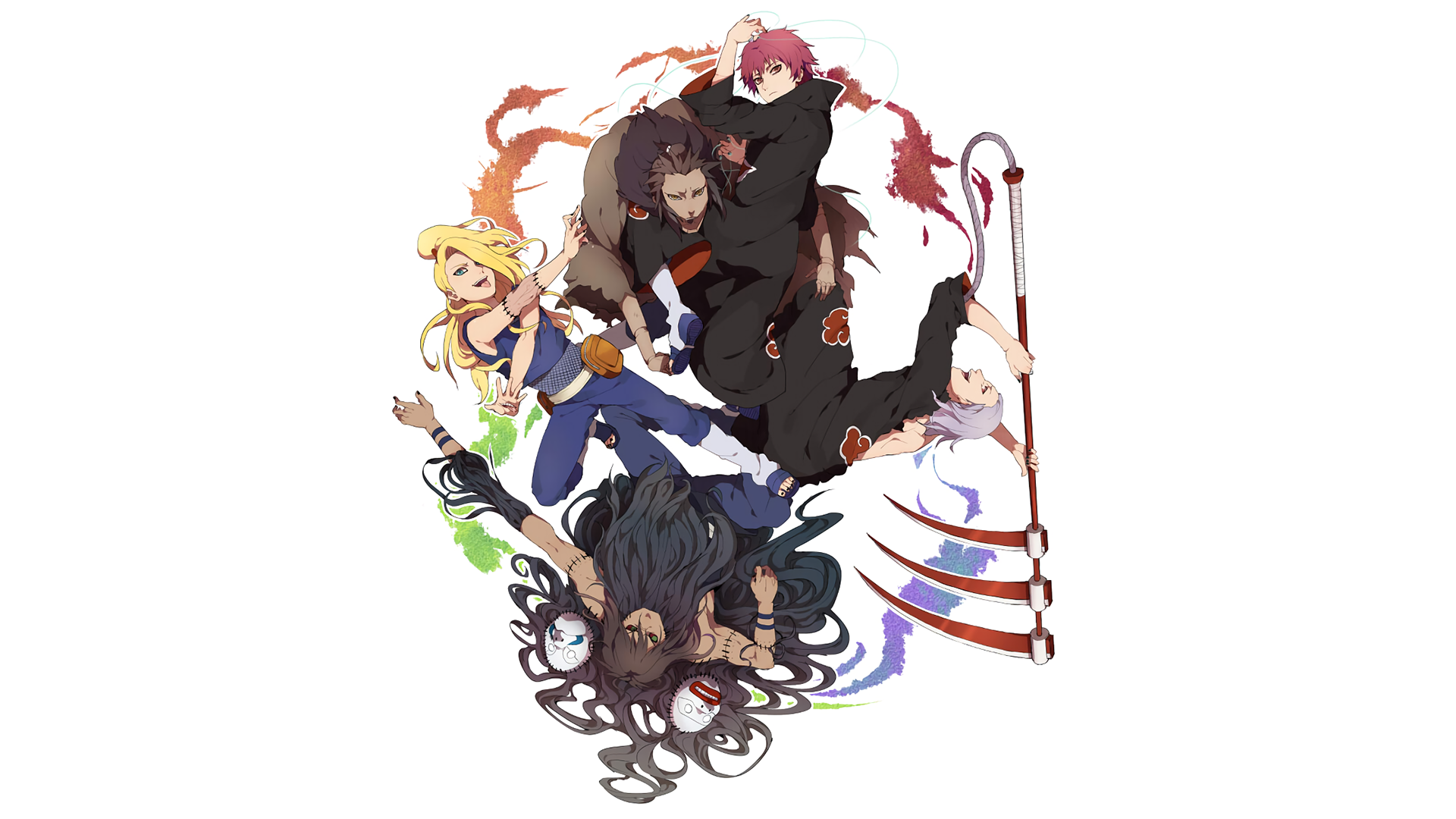HD desktop wallpaper featuring Akatsuki members from Naruto, including Kakuzu, Hidan, Sasori, and Deidara, in an artistic arrangement with dynamic poses and vivid colors.