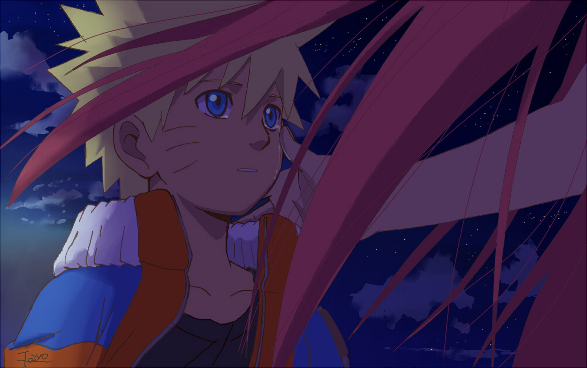 HD desktop wallpaper of Naruto Uzumaki and Kushina Uzumaki from the anime series Naruto. The scene features a deep, emotional nighttime interaction between the two characters.