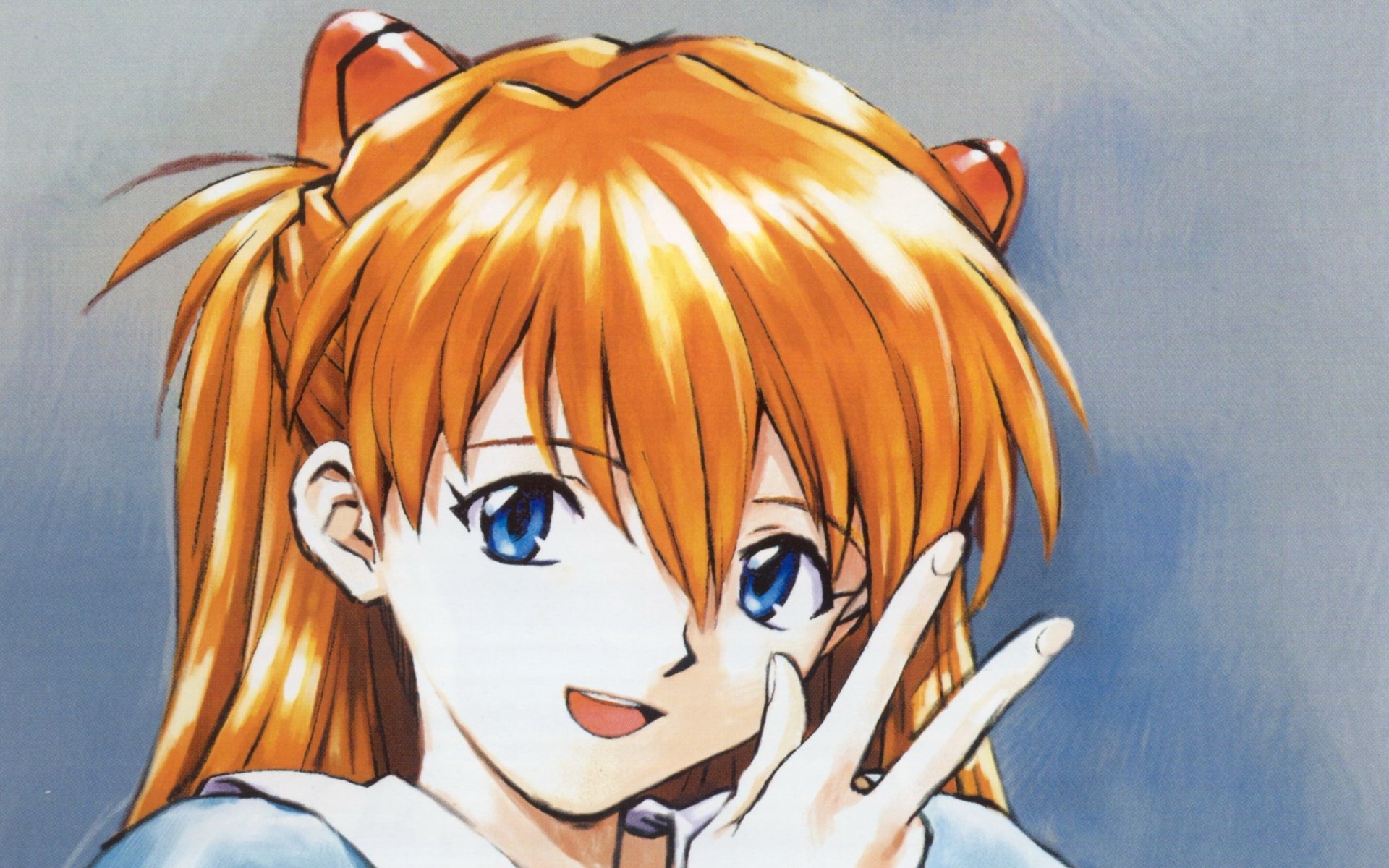 HD anime desktop wallpaper featuring Asuka Langley Sohryu from Neon Genesis Evangelion with her signature red hair and blue eyes in a cheerful pose.