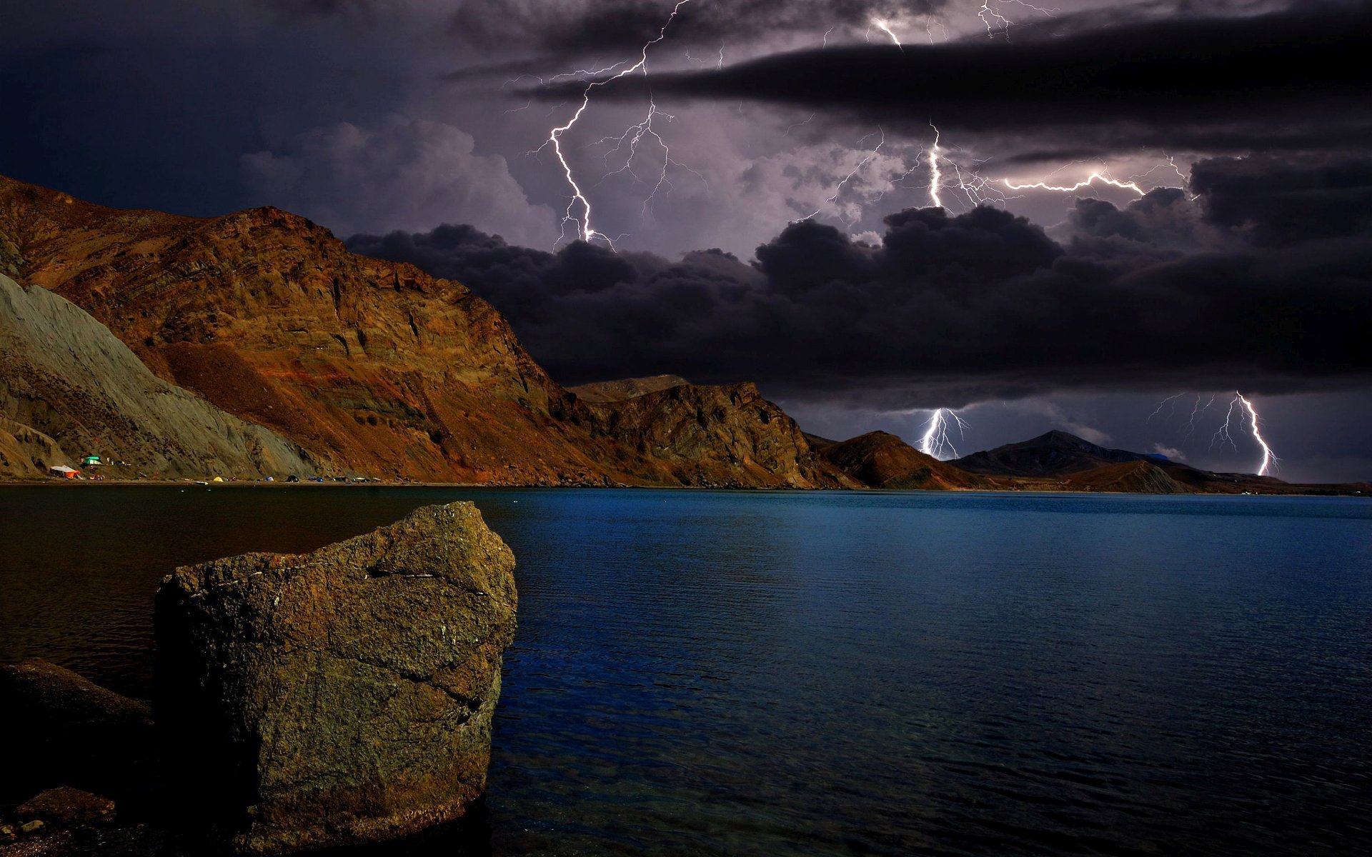 Lightning And Dark Clouds Over The Coast Hd Wallpaper Background