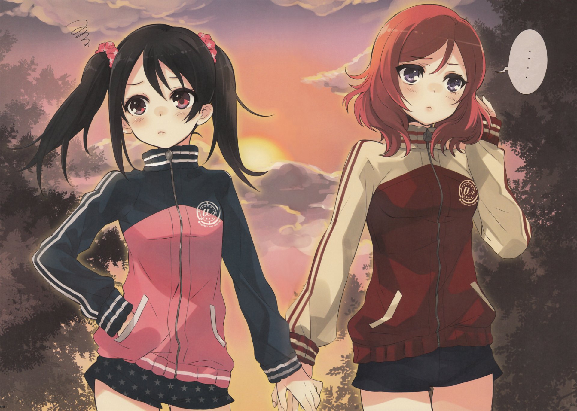 HD anime wallpaper featuring Nico Yazawa and Maki Nishikino from Love Live!, holding hands against a vibrant sunset background.