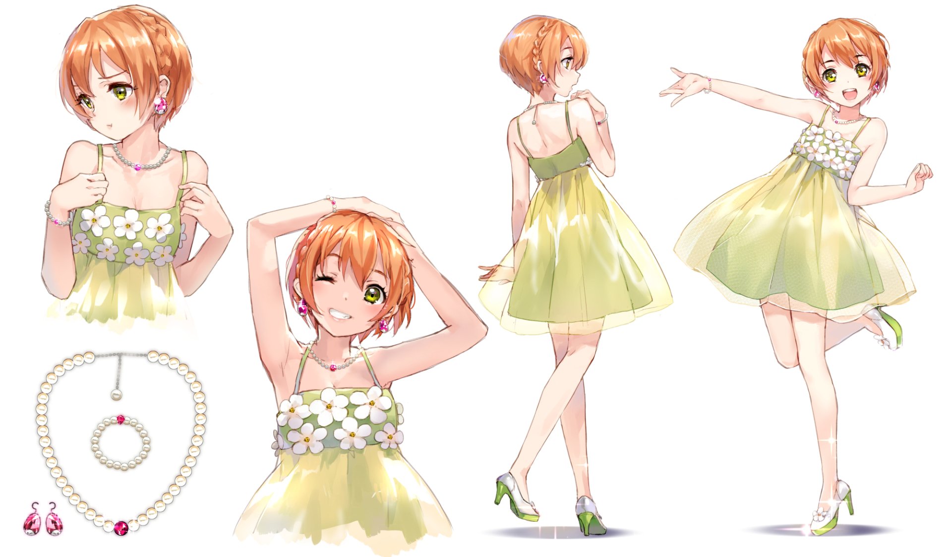 HD PC desktop wallpaper featuring Rin Hoshizora from Love Live! in various poses wearing a light yellow dress with floral details.