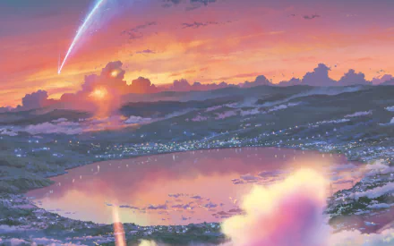 HD anime desktop wallpaper featuring a scenic landscape from Your Name. with a vibrant sunset, a tranquil lake, and a meteor streaking across the sky.