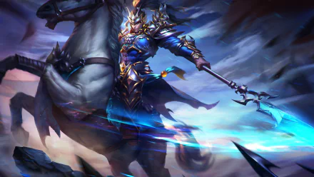 HD PC desktop wallpaper of a Heroes of Newerth video game warrior charging atop an armored steed, wielding a glowing blue spear with ornate armor against a stormy sky