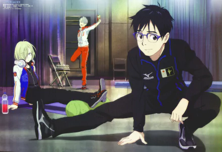 HD desktop wallpaper featuring characters from the anime Yuri!!! on ICE. The image shows three athletes stretching and warming up in a training room, with a backdrop of a gym setting.