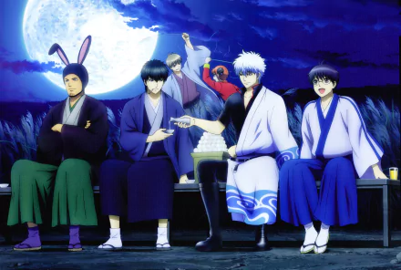 A vibrant 8K Ultra HD wallpaper featuring characters from the anime Gintama, sitting together under a full moon, showcasing their unique outfits and playful interactions.
