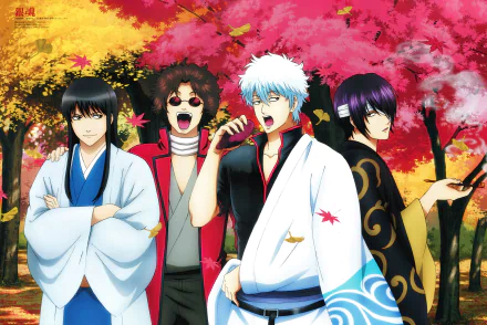 An ultra HD anime wallpaper featuring characters from Gintama, set against a vibrant backdrop of autumn leaves, showcasing dynamic poses and expressions.