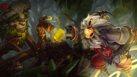 Ivern (League of Legends) and a mask-wearing companion find a glowing seed in a lush forest — League of Legends video game HD PC desktop wallpaper and background.