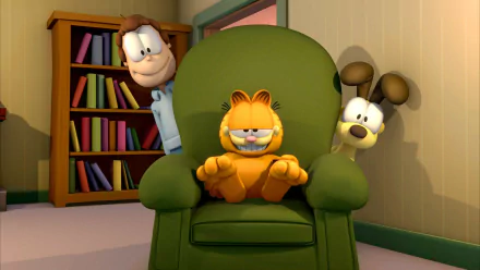 HD PC desktop wallpaper from TV show The Garfield Show: Garfield lounging smugly in a green armchair while Jon Arbuckle and Odie peek from behind, cozy living room and bookshelf in background.