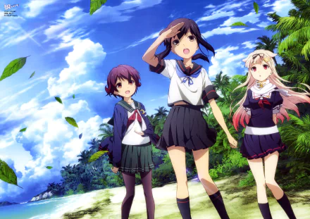 Three characters from Kantai Collection—Mutsuki, Yuudachi, and Fubuki—are walking along a beach under a bright sky, with lush greenery and a vibrant ocean backdrop in this stunning 8K Ultra HD wallpaper.