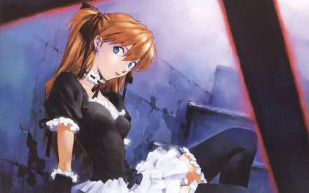 HD PC desktop wallpaper featuring Asuka Langley Sohryu from the anime Neon Genesis Evangelion in a black and white outfit, sitting against a textured wall.