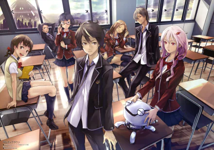 HD wallpaper featuring characters from the anime Guilty Crown, set in a classroom with a city view. The image includes various characters in school uniforms, capturing a dynamic and lively atmosphere.
