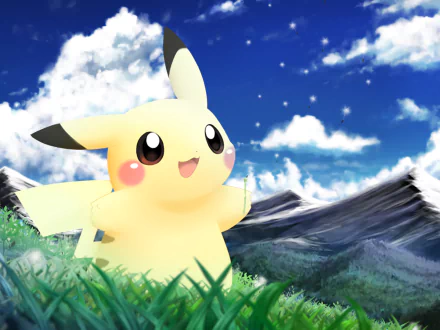 A cheerful Pikachu stands in a lush green field with mountains in the background, under a bright blue sky adorned with fluffy clouds. A vibrant anime-style Pokémon wallpaper.