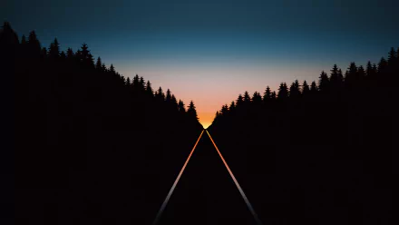 Artistic HD PC desktop wallpaper of railroad tracks leading into a vibrant sunset, framed by silhouetted trees on both sides.