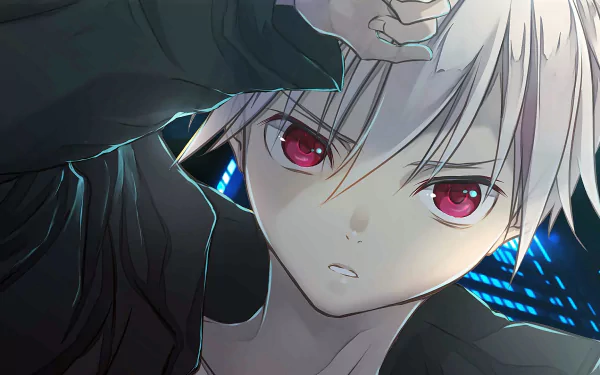 HD anime desktop wallpaper featuring a close-up of a character with white hair and red eyes from Yoshio Kobayashi’s Trickster: Edogawa Ranpo Shounen Tanteidan series.