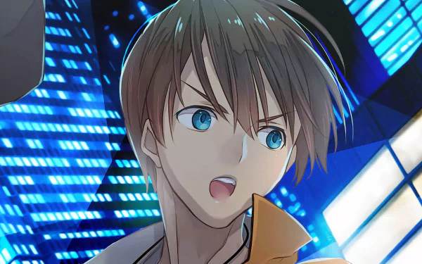 HD anime desktop wallpaper featuring Kensuke Hanasaki from Trickster: Edogawa Ranpo Shounen Tanteidan with vibrant blue and neon light effects.