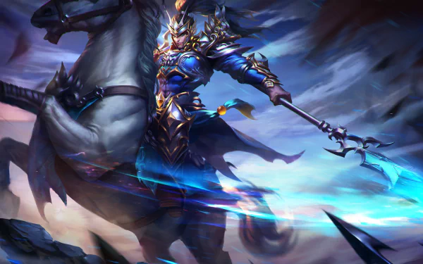 HD PC desktop wallpaper of a Heroes of Newerth video game warrior charging atop an armored steed, wielding a glowing blue spear with ornate armor against a stormy sky